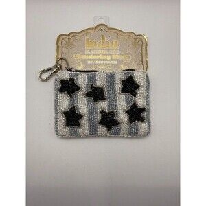 India Handmade Beaded Starfish Coin Pouch Gray White Striped Keychain Wallet